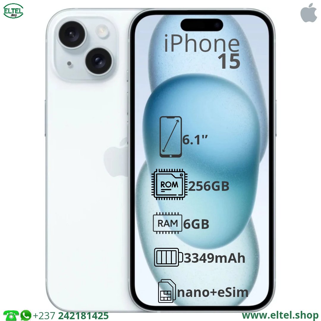 iph 15 bl 256.6 iPHONE 15 - 256GB/6GB - 48MP+12MP/12MP - 3349mAh - garantie 18 mois (neuf)