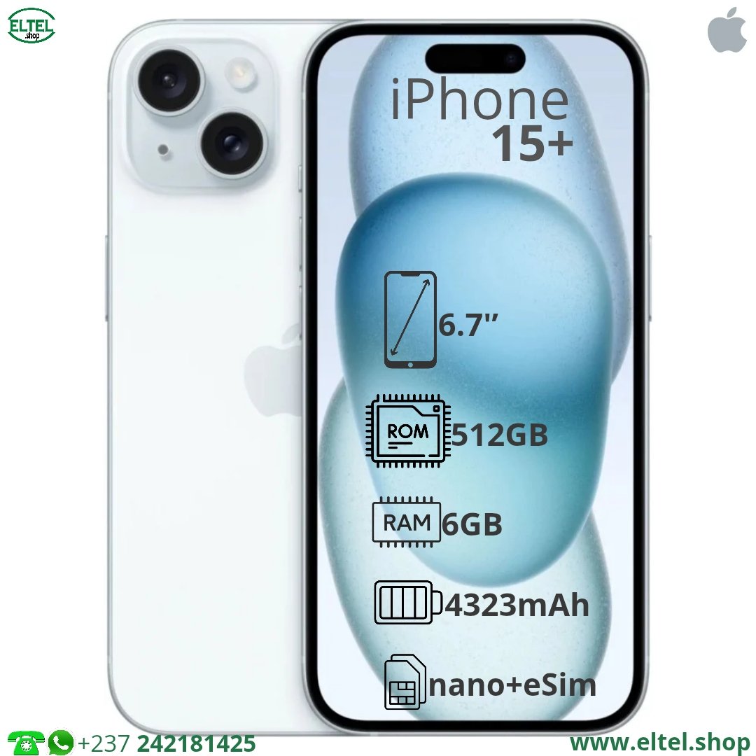 iph 15+ bl 512.6 iPHONE 15 Plus - 512GB/6GB - 48MP+12MP/12MP - 4323mAh - garantie 18 mois (neuf)