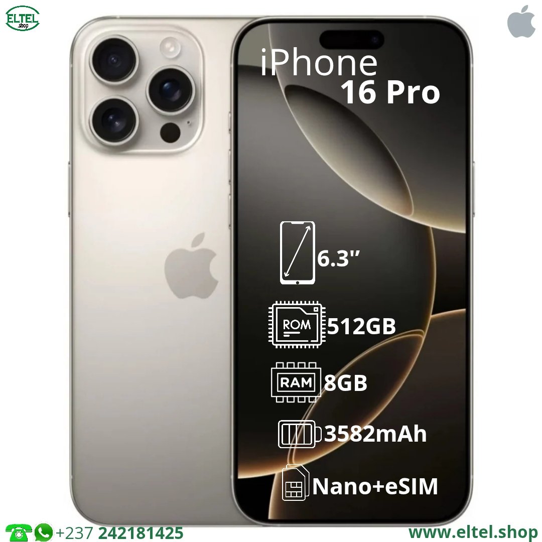 iPHONE 16 Pro - 512GB/8GB - 48MP+48MP+12MP/12MP - 3582mAh - garantie 24 mois (neuf)