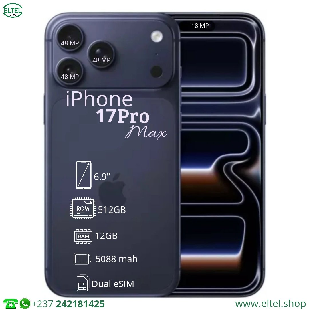 iPHONE 17 Pro max - 512GB/12GB - 48MP+48MP+48/18MP - 5088mAh - garantie 24 mois (neuf)